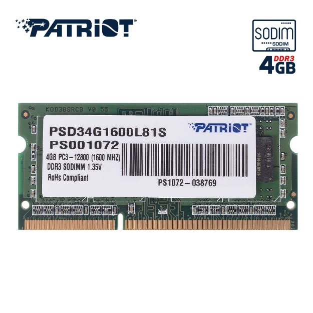 Picture of ოპერატიული მეხსიერება Patriot 4GB DDR3 1600 MHZ (PSD34G1600L81S) SODIMM