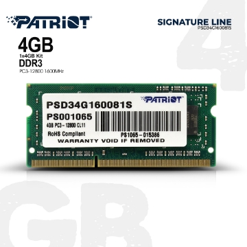 დეტალურის ჩვენება ოპერატიული მეხსიერება PATRIOT SIGNATURE LINE PSD34G160081S 4GB DDR3 1600MHZ SODIMM სურათი ოპერატიული მეხსიერება PATRIOT SIGNATURE LINE PSD34G160081S 4GB DDR3 1600MHZ SODIMM