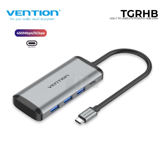 Picture of USB TYPE-C 3.0  HUB VENTION TGRHB SB3.0*3/TF/SD/PD 0.15M BLACK